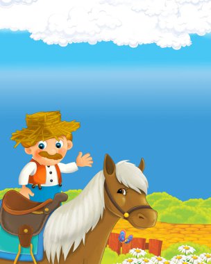 Mutlu çiftçi adamla çizgi film sahnesi. Çocuklar için çiftlik illüstrasyonunda.