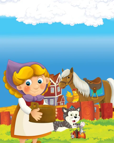 Kreslená scéna se šťastnou farmářkou na farmě ranč ilustrace pro děti — Stock fotografie