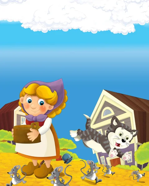 Cartoon-Szene mit glücklicher Bäuerin auf der Farm-Ranch Illustration für die Kinder — Stockfoto