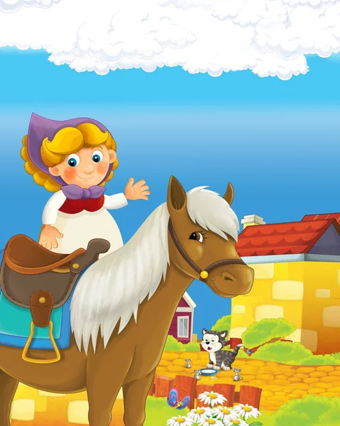 Scena z kreskówek szczęśliwy rolnik kobieta na farmie ranczo ilustracja dla dzieci — Zdjęcie stockowe