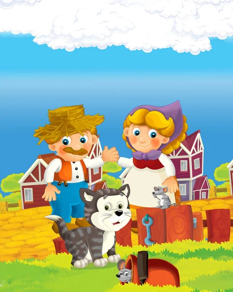 Cartoon scene met gelukkig boer man en vrouw op de boerderij ranch illustratie voor de kinderen — Stockfoto