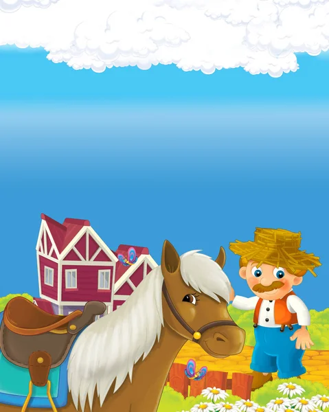 Cartoon scene met gelukkig boer man op de boerderij ranch illustratie voor de kinderen — Stockfoto