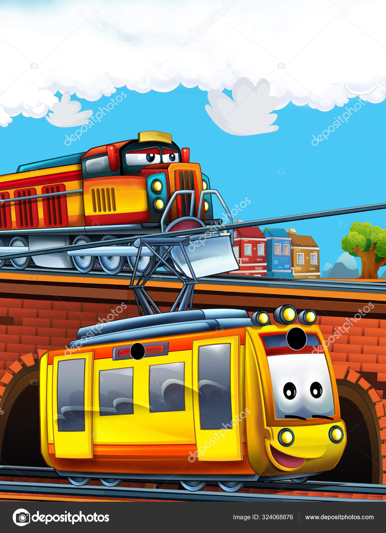Cartoon funny looking train on the train station near the city - illustration for children Stock Photo by ©illustrator_hft 324068876 Cartoon funny looking train on the train station near the city - illustration for children Stock Photo by ©illustrator_hft 324068876