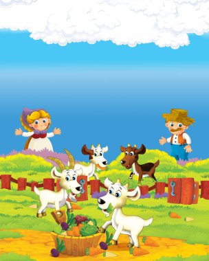 Mutlu çiftçi erkek ve kadının çiftlikte çocuklar için çizdiği karikatür sahnesi.