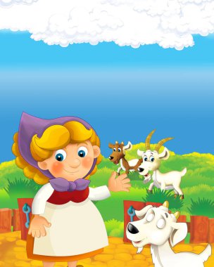 Çiftlikteki çocukların resimlerini çizen mutlu çiftçi kadınla çizgi film sahnesi.