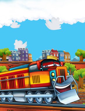 Şehrin yakınındaki tren istasyonunda çizgi film komik görünümlü tren - çocuklar için illüstrasyon