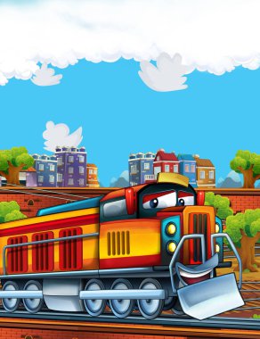 Şehrin yakınındaki tren istasyonunda çizgi film komik görünümlü tren - çocuklar için illüstrasyon