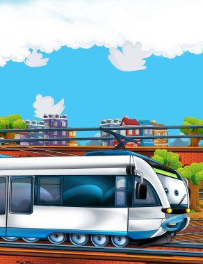 Şehrin yakınındaki tren istasyonunda çizgi film komik görünümlü tren - çocuklar için illüstrasyon