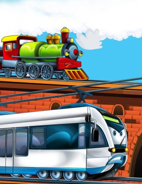 Şehrin yakınındaki tren istasyonunda çizgi film komik görünümlü tren - çocuklar için illüstrasyon
