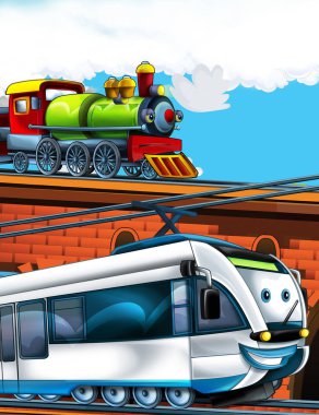 Şehrin yakınındaki tren istasyonunda çizgi film komik görünümlü tren - çocuklar için illüstrasyon