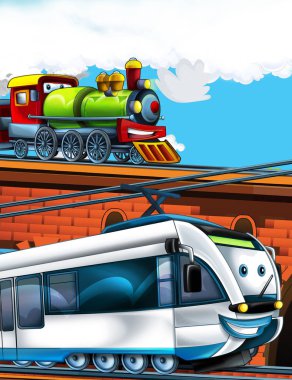 Şehrin yakınındaki tren istasyonunda çizgi film komik görünümlü tren - çocuklar için illüstrasyon