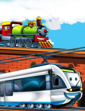 Şehrin yakınındaki tren istasyonunda çizgi film komik görünümlü tren - çocuklar için illüstrasyon