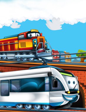 Şehrin yakınındaki tren istasyonunda çizgi film komik görünümlü tren - çocuklar için illüstrasyon