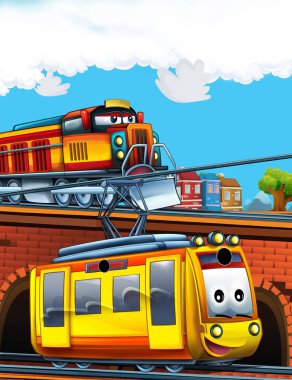 Şehrin yakınındaki tren istasyonunda çizgi film komik görünümlü tren - çocuklar için illüstrasyon