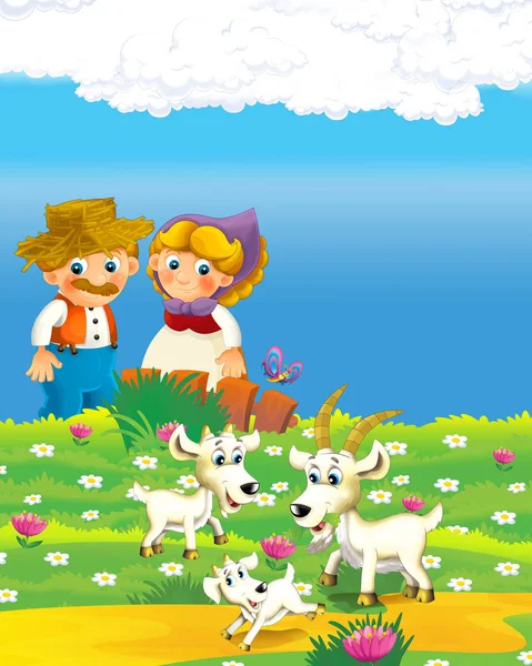 Cartoon scene met gelukkig boer man en vrouw op de boerderij ranch illustratie voor de kinderen — Stockfoto