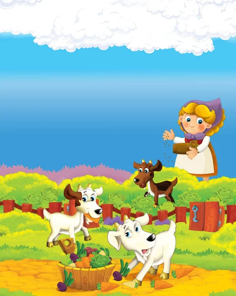 Cartoon-Szene mit glücklicher Bäuerin auf der Farm-Ranch Illustration für die Kinder — Stockfoto