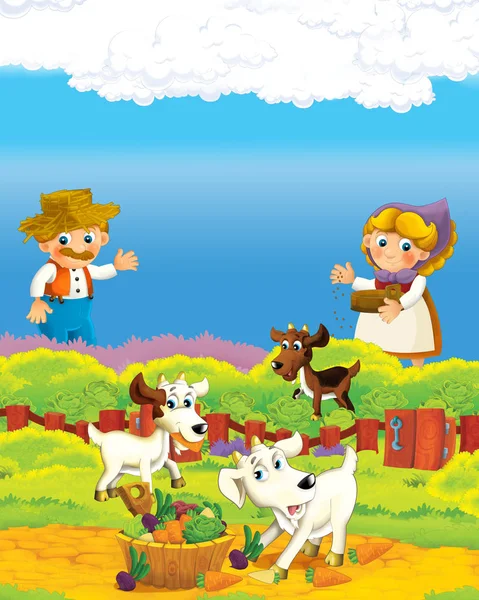 Escena de dibujos animados con agricultor feliz hombre y mujer en la ilustración rancho de la granja para los niños — Foto de Stock