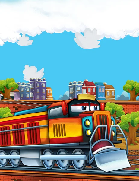 Cartoon legrační vypadající vlak na vlakovém nádraží v blízkosti města - ilustrace pro děti — Stock fotografie