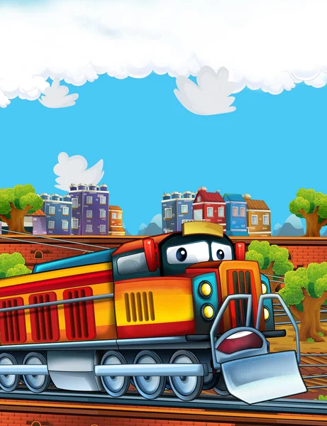 Cartoon funny looking train on the train station near the city - illustration for children — Stock Photo, Image