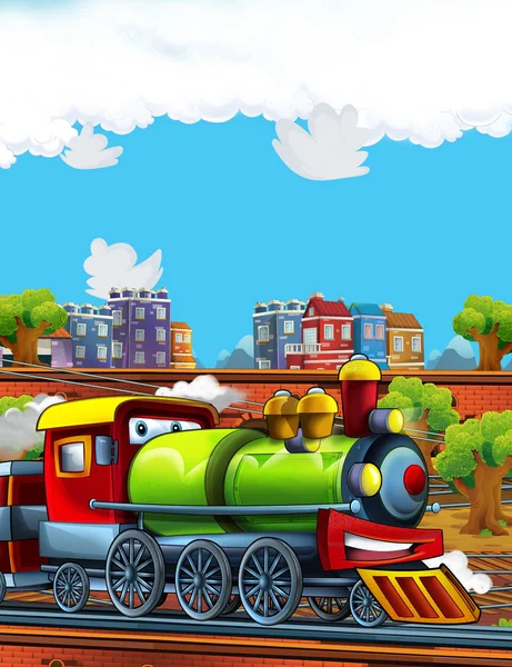 Cartoon funny looking train on the train station near the city - illustration for children — Stock Photo, Image