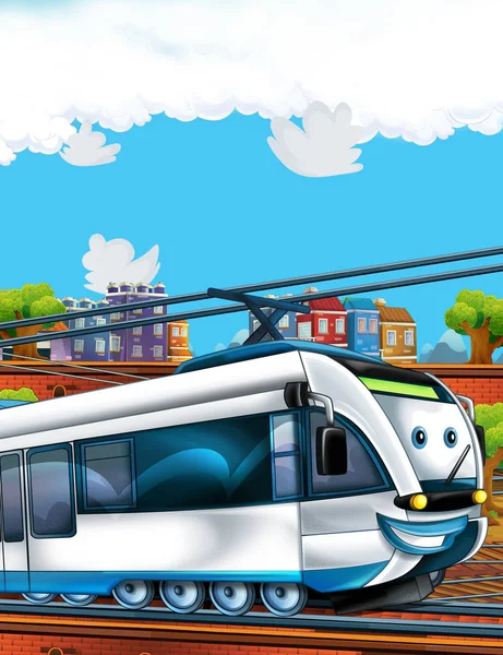 Мультфильм смешно выглядящий поезд на вокзале рядом с городом - иллюстрация для детей — стоковое фото