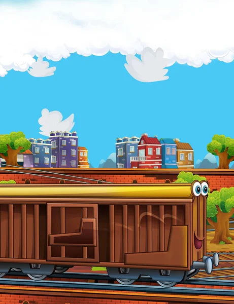 Cartone animato divertente cercando treno sulla stazione ferroviaria vicino alla città - illustrazione per i bambini — Foto Stock