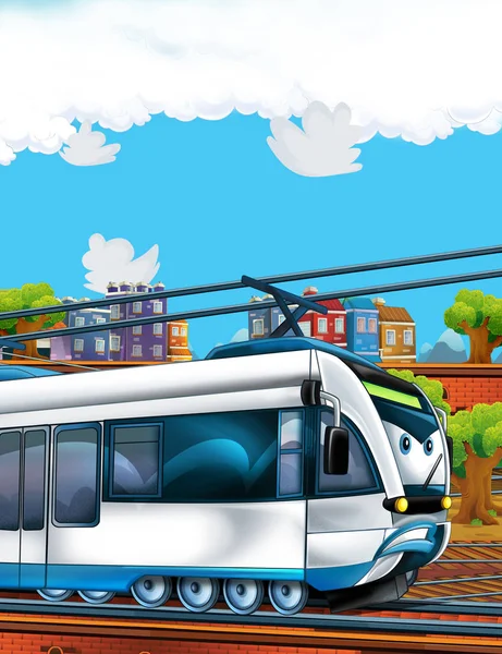 Tren de aspecto divertido de dibujos animados en la estación de tren cerca de la ciudad - ilustración para niños —  Fotos de Stock