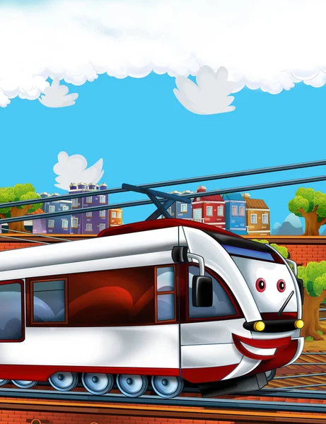 Desenhos animados trem olhando engraçado na estação de trem perto da cidade - ilustração para crianças — Fotografia de Stock