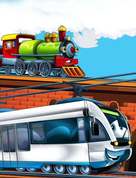 Tren de aspecto divertido de dibujos animados en la estación de tren cerca de la ciudad - ilustración para niños —  Fotos de Stock