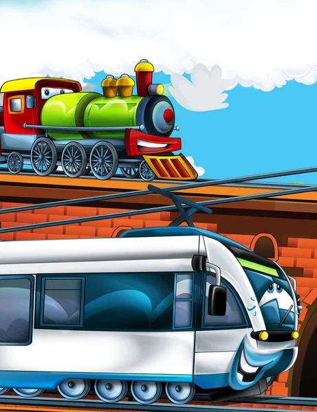 Tecknad rolig ser tåg på järnvägsstationen nära staden - illustration för barn — Stockfoto