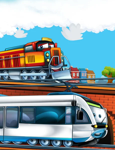 Rajzfilm vicces néz vonat a vasútállomáson, közel a város - illusztráció gyerekeknek — Stock Fotó