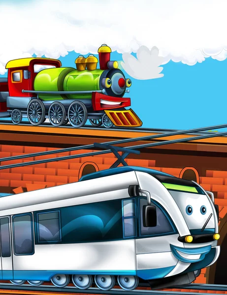 Kreskówka śmiesznie wyglądający pociąg na stacji kolejowej w pobliżu miasta - ilustracja dla dzieci — Zdjęcie stockowe