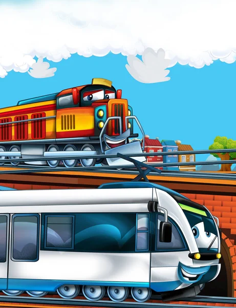 Tren de aspecto divertido de dibujos animados en la estación de tren cerca de la ciudad - ilustración para niños —  Fotos de Stock