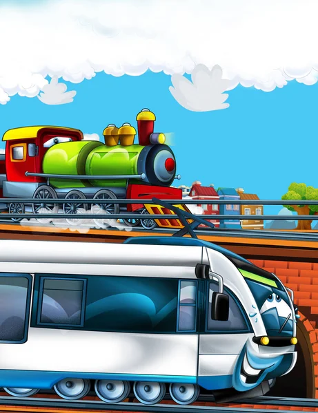 Tecknad rolig ser tåg på järnvägsstationen nära staden - illustration för barn — Stockfoto