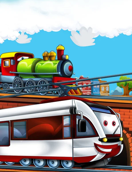 Cartoon lustig aussehender Zug auf dem Bahnhof in der Nähe der Stadt - Illustration für Kinder — Stockfoto