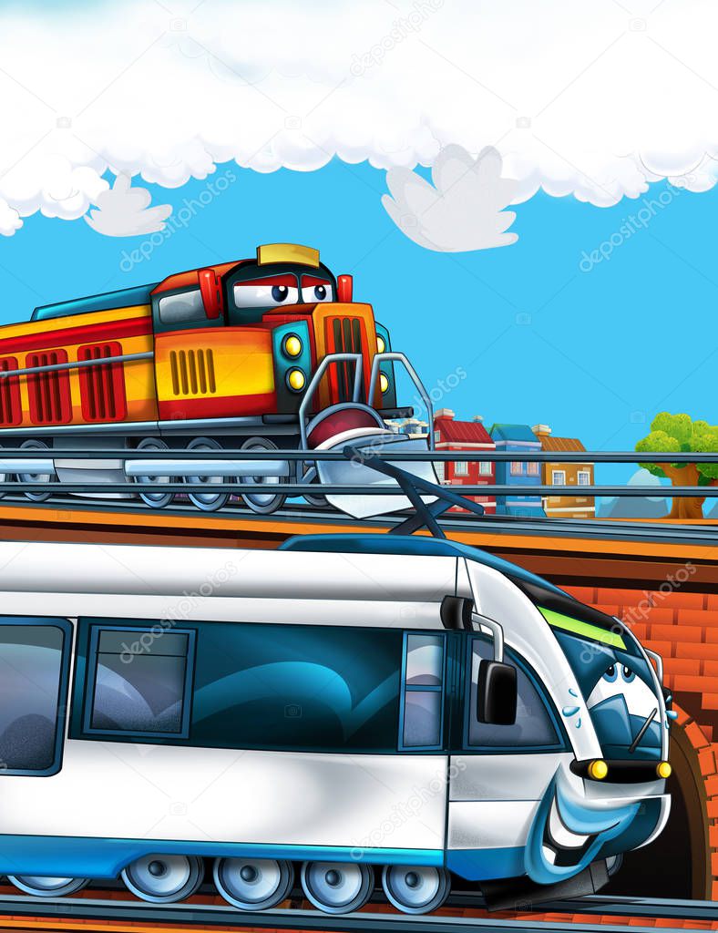 Cartoon funny looking train on the train station near the city - illustration for children