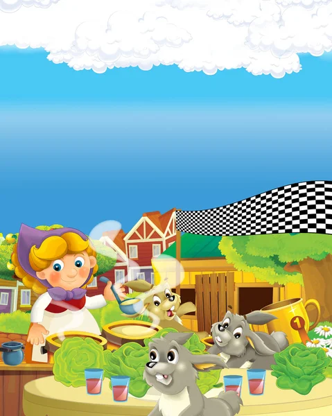 Escena de dibujos animados con la mujer campesina feliz en la ilustración rancho de la granja para los niños — Foto de Stock