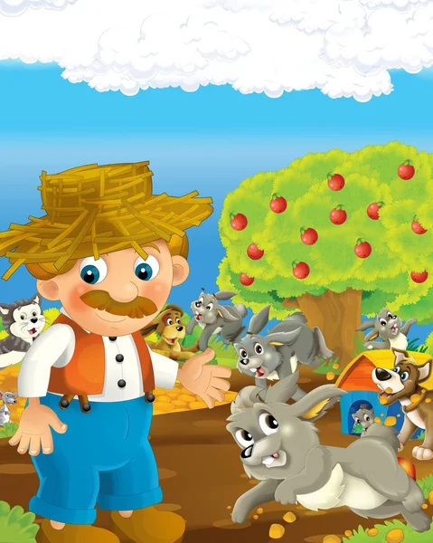 Cartoon scene met gelukkig boer man op de boerderij ranch illustratie voor de kinderen — Stockfoto