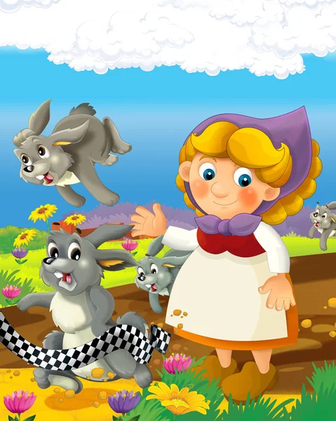 Cartoon-Szene mit glücklicher Bäuerin auf der Farm-Ranch Illustration für die Kinder — Stockfoto