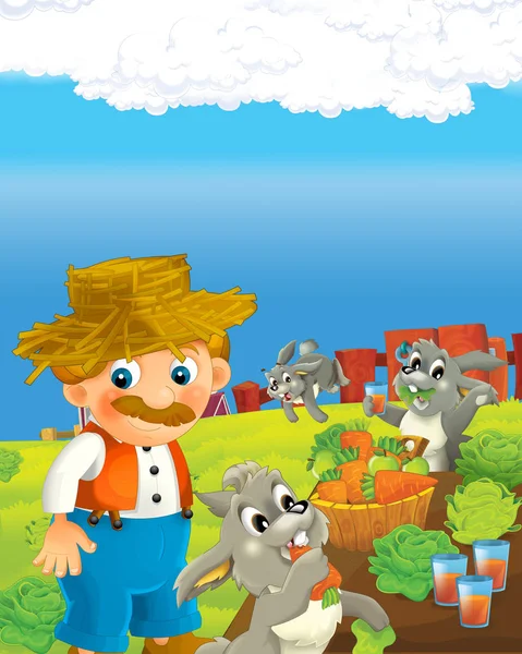 Cartoon scene with happy farmer man on the farm ranch illustration for the children — Stock Photo, Image