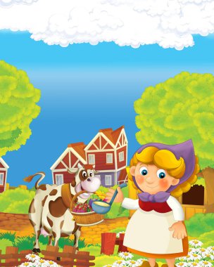 Çiftlikteki çocukların resimlerini çizen mutlu çiftçi kadınla çizgi film sahnesi.