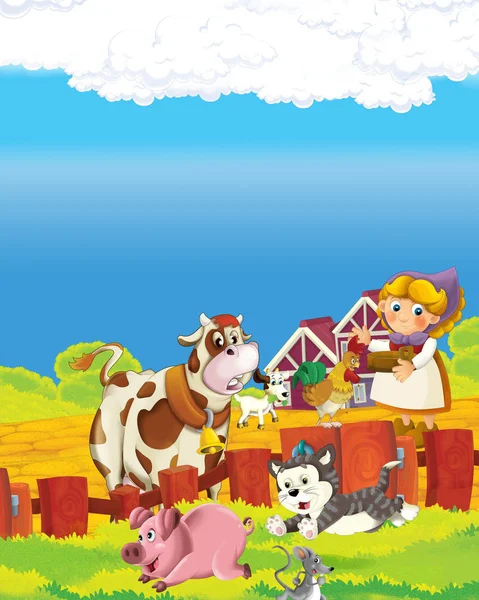 Cartoon scene with happy farmer woman on the farm ranch illustration for the children — Stock Photo, Image