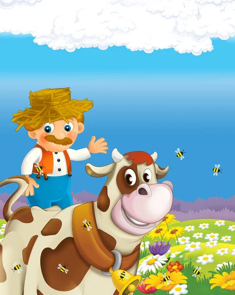 Escena de dibujos animados con el hombre agricultor feliz en la ilustración rancho de la granja para los niños — Foto de Stock