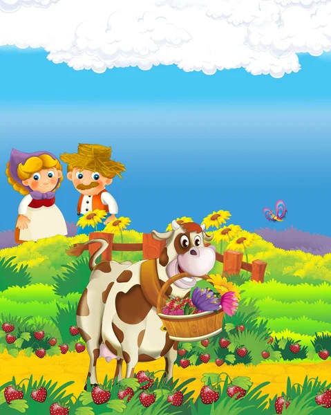 Σκηνή κινουμένων σχεδίων με ευτυχισμένη γεωργός άνδρας και γυναίκα στο αγρόκτημα ράντσο εικονογράφηση για τα παιδιά — Φωτογραφία Αρχείου