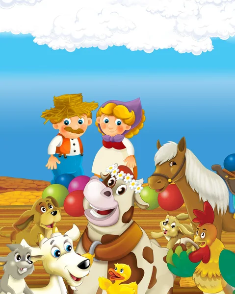 Zeichentrickszene mit glücklichen Bäuerinnen und Bauern auf dem Bauernhof Illustration für die Kinder — Stockfoto