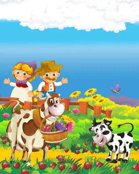 在农场为孩子们展示农场里快乐的男女农民的卡通片 — 图库照片