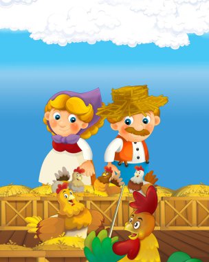 Mutlu çiftçi erkek ve kadının çiftlikte çocuklar için çizdiği karikatür sahnesi.