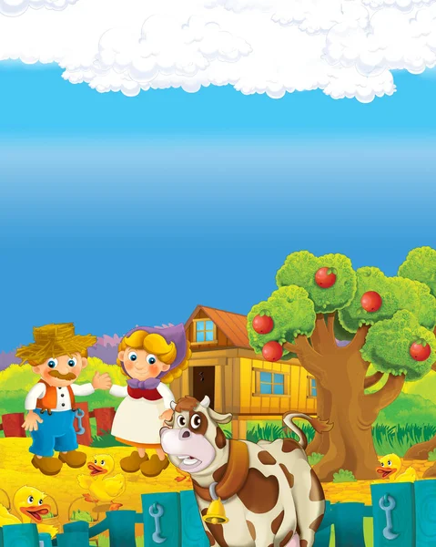 Scène de dessin animé avec homme et femme fermier heureux sur l'illustration du ranch agricole pour les enfants — Photo