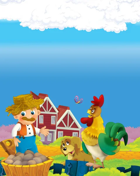 Escena de dibujos animados con el hombre agricultor feliz en la ilustración rancho de la granja para los niños —  Fotos de Stock