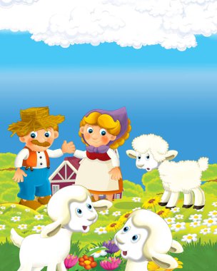 Mutlu çiftçi erkek ve kadının çiftlikte çocuklar için çizdiği karikatür sahnesi.